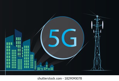 Realistic base station receiver. telecommunication tower 5g. Modern global connection transmitter in city landscape. Mobile radio antenna cellular vector stock illustration eps10