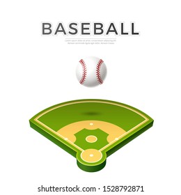 Realistic baseball ball on baseball playground 3d icon. Athletic equipment for championships promo design. Vector white leather ball for Sport betting design. Team game tournament competition poster.