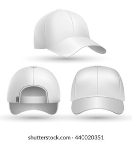 Realistic baseball cap front, side, back views set. 