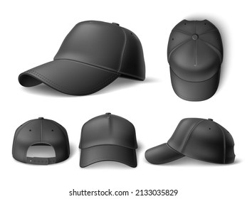 Realistic baseball cap mockup. 3d black sports and casual headgear object, trendy clean model different view angles. Top, front and side, marketing branding template