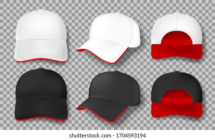 Realistic Baseball cap mockup isolated. white and black textile cap with red visor, front, back and side view. design element template. Vector illustration