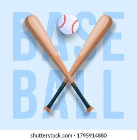 Realistic baseball concept with crossed baseball bat, ball and text. Vector sport illustration