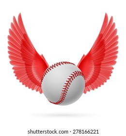 Realistic baseball emblem with red wings on white