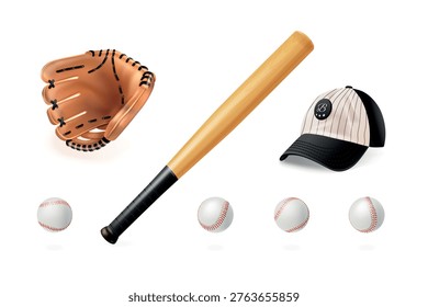 Realistic baseball equipment. 3d base ball, bat stick vintage cap leather glove catch homerun stadium sport team softball pitcher elements icon isolated exact vector illustration