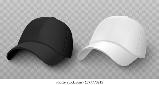 Realistic baseball white and black cap, front view, realistic vector illustration of an empty template and mockup on a transparent background.