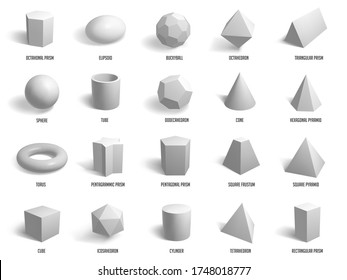 Realistic basic 3d shapes. Geometry sphere, cylinder, pyramid and cube forms, geometric shapes model isolated vector illustration icons set. Model cube, sphere, polygon, hexagon group construction