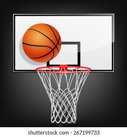 Realistic basketball backboard and flying ball on a black background. Vector EPS10 illustration. 