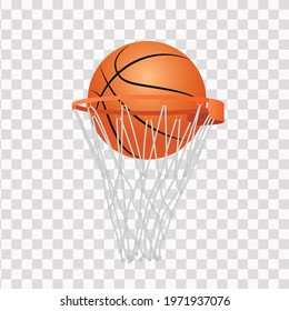 Realistic basketball ball in hoop isolated on transparent background