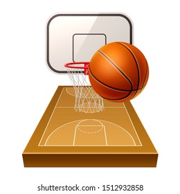 Realistic basketball ground with orange ball and basket with shield. Betting poster design. Basketball championship vector banner. Team sport game illustration.