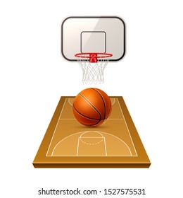 Realistic basketball playground model with ball and basket. 3d basketball competition area. Vector basketball betting promotion poster design element. Sport tournament and training.