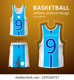 Realistic basketball uniform. T-shirt and shorts design, command sport game, players clothes templates, back and front view, white and blue colors mockup, 3d objects, utter vector concept