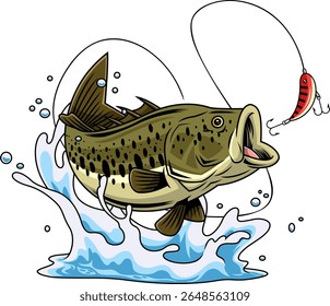 Peixe baixo realista personagem de desenho animado saltar na isca vermelha - ilustração desenhada à mão do vetor isolado no fundo transparente