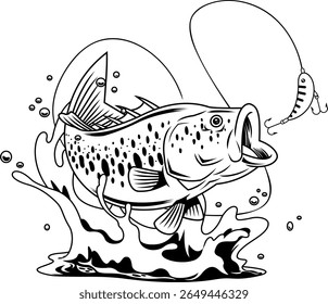 Peixe baixo realista personagem de desenho animado pulando em isca - preto e branco vetor mão desenhada ilustração isolada no fundo transparente