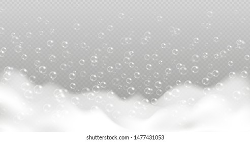 Realistic bath foam with bubbles isolated on transparent background. Sparkling shampoo and soap lather vector illustration.