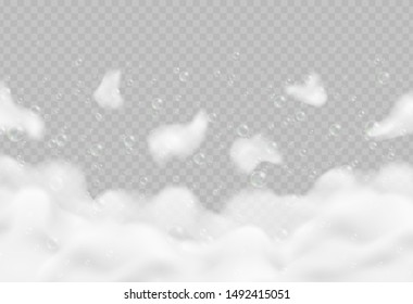 Realistic Bath Foam With Bubbles Isolated On Transparent Background. Sparkling Shampoo And Soap Lather Vector Illustration.