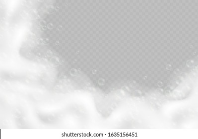 Realistic bath foam with bubbles isolated on transparent background. Sparkling shampoo and soap lather border vector illustration.