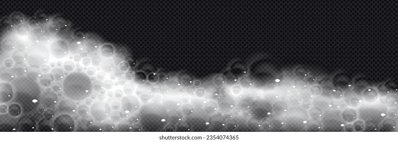 Nubes realistas de espuma de baño sobre fondo transparente. Ilustración vectorial del borde de suciedad de jabón sin soldadura con burbujas de aire, lentejuelas de champú, textura de espuma de detergente de lavado, efecto superpuesto de reacción química