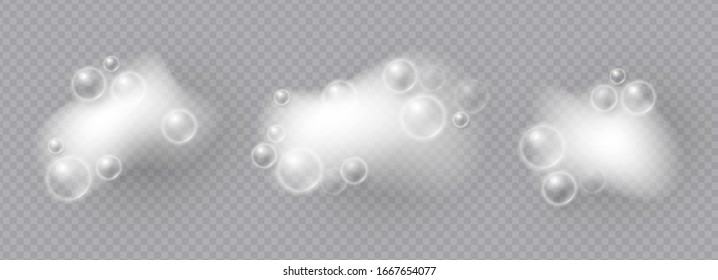 Realistic bath foam. Lather effect. Soap bubbles on transparent background.