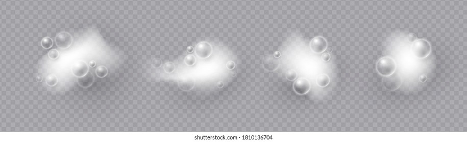 Realistic bath foam. Lather effect. Soap bubbles on transparent background.