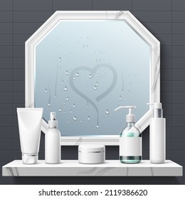 Realistic bath mirror. Bathroom reflective glass surface with condensate. Toilet interior. Shelf with skin and hair care products. Cosmetic containers. Apartment