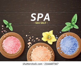 Realistic bath salt frame. Spa and wellness color crystals, relaxing baths, beauty and healthy skin, crystals in wooden bowl, cosmetic with flowers, aromatherapy and skincare vector concept