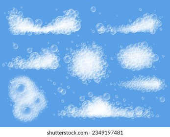 Realistic bath soap foam. Clean soapy froth bubbles, different shape foams and suds isolated vector illustration set of shampoo foam, soapy realistic bubble