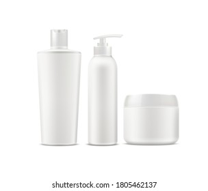 Realistic bath and spa product mock up set. Vector skin care cosmetics cream jar, liquid soap tube with dispenser pump, shampoo bottle. Hygiene product containers