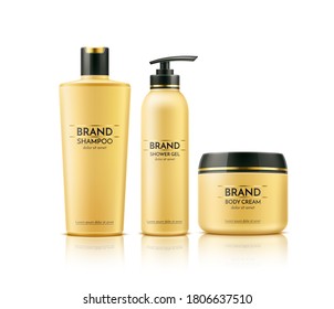 Realistic bath and spa product mock up set with ready design. Vector skin care cosmetics cream jar, liquid soap tube with dispenser pump, shampoo bottle. Hygiene product containers with branding