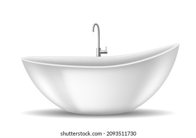 Realistic bath tub element. Ceramic white bathtub for stylish bathroom space isolated on white background. 3d sink with faucet tap. Vector illustration