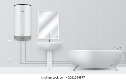 Realistic bathroom with boiler design template vector illustration. White modern water heater connected with washbasin and tub. Empty bath room interior with tiled decor. Home heating system