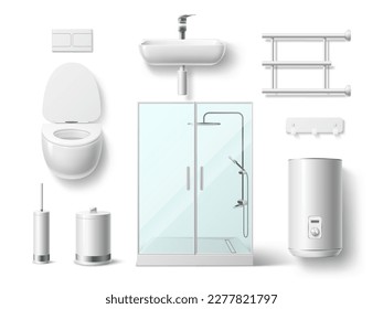 Realistic bathroom elements. 3d plumbing objects, white porcelain sink and toilet, shower cabin, boiler, heated towel rail, wc interior isolated lavatory room hygienic ceramic utter vector set