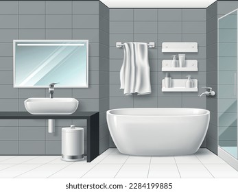 El cuarto de baño es de diseño. 3 d diseño mínimo de habitación húmeda, baldosas de cerámica, lavabo y bañera de porcelana blanca, espejo de pared, iconos limpios aislados, elementos sanitarios de lavatorio, concepto vectorial absoluto