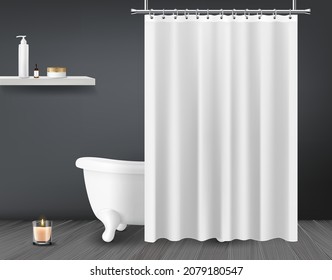 Realistic bathroom interior, bath with curtain, shelf with cosmetics.