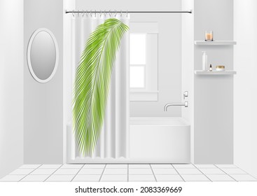 Realistic bathroom interior, bath and curtain with green palm leaf, shelf and window.