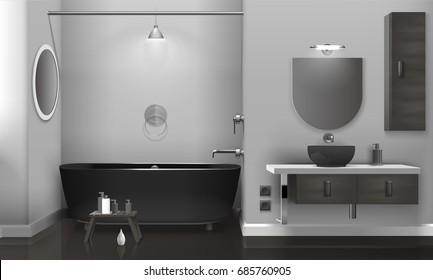 Realistic bathroom interior design with black sanitary equipment, two mirrors on grey wall, glossy floor vector illustration