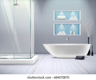 Realistic Bathroom Interior New Stylish Renovation In The Bathroom With Shower And Bathtub Vector Illustration