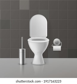 Realistic bathroom interior. White enamel toilet bowl. Glossy steel holder for roll of paper tissue and cleaning brush. Equipment and accessories for restroom. Vector lavatory furnishing design