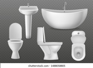 Realistic bathroom objects. White collection bathtub, toilet seat and washbasin with faucet. Bathroom sanitary vector 3d washrooms clean modern mockups