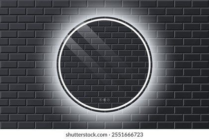 Realistic bathroom round mirror with backlight on ceramic black wall tile. Wall mounted LED vanity backlit mirror. Reflective glass surface. Design for decor interior. 3d vector