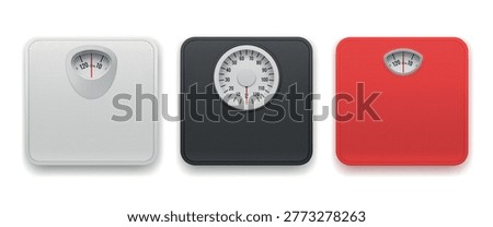 Realistic bathroom scales. 3d floor analogue scale, weight balance body mass loss diet control device top view white red black color fat obesity set garish vector illustration
