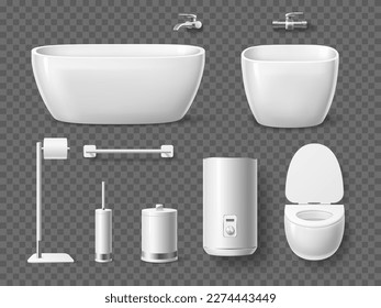 Realistic bathroom and toilet elements. Shower and toilet objects, sink and bidet, bath and boiler, white hygienic ceramics, wc interior. Lavatory ceramic. 3d isolated objects, utter vector set