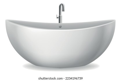 Realistic bathtub. 3d isolated bathroom object side view. Ceramic white tub and metal faucet tap, acrylic sink for bathroom, stylish interior element, blank mockup design. Vector illustration