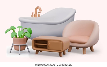 Realistic bathtub, armchair with soft upholstery, house plant, mini bookcase