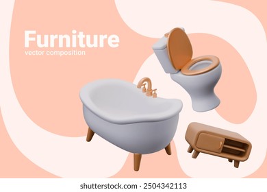 Realistic bathtub with faucet, toilet with raised lid, bedside table for cosmetics, detergents