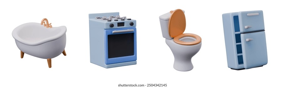 Realistic bathtub, gas stove with oven, toilet with open lid, empty refrigerator