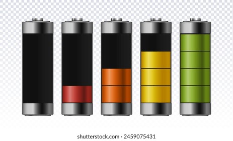 Realistische Batterien gesetzt. Akkumulatoren mit verschiedenen Energiezählern. Elektrische Bauteile im Kopierraum. Poster oder Banner. Isometrische Vektorillustration isoliert auf transparentem Hintergrund