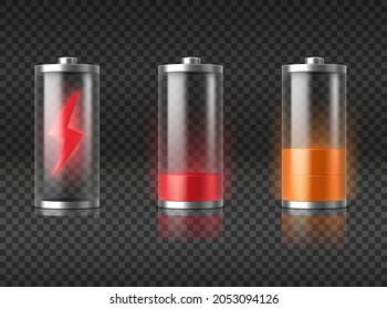 Carga de batería realista desde el nivel rojo vacío hasta el amarillo de media energía. Iconos de carga del acumulador de smartphone brillantes. Indicador de carga para la interfaz de gadget. 3.ª ilustración vectorial