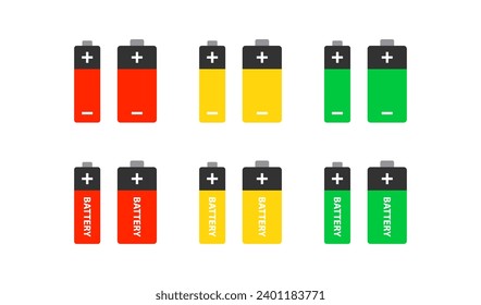 Realistic battery icon. Size AAA, AA, C, D, PP3. Energy power. Cylinder accumulator. Charge tool. Vector illustration.