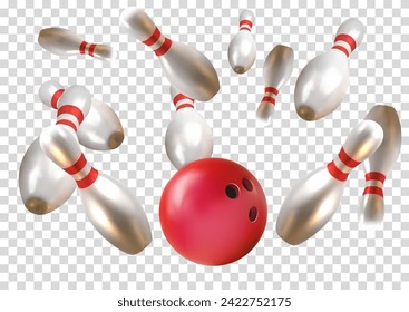 Realistic bawling ball with pins on transparent background