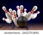 Realistic bawling ball with pins.3d bawling pins.Realistic bowling theme eps 10